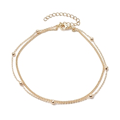 Golden Brass Double Layer Chain Anklets, Round Bead Anklets, Golden, 9-1/8 inch(23cm)