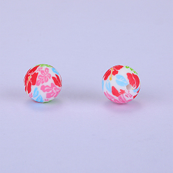 Deep Pink Printed Round Silicone Focal Beads, Deep Pink, 15x15mm, Hole: 2mm