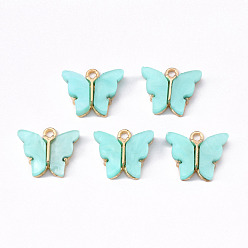 Cyan Alloy Acrylic Pendants, Butterfly, Light Gold, Cyan, 14x16.5x3mm, Hole: 1.6mm