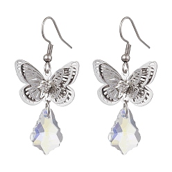 Platinum 3 Pairs 3 Size Filigree 3D Butterfly Brass Dangle Earrings, Glass Teardrop Drop Earrings, Platinum, 46~64x23mm, 1 Pair/size