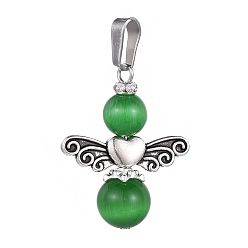 Зеленый Подвески кошачий глаз, с борта сплава тибетском стиле, латунные бусины со стразами и 304 нержавеющая сталь, ангел, зелёные, 30 мм, отверстие : 8x3~3.5 мм