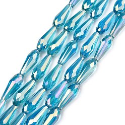 (966) Внутренний цвет Кристалл / Лиловато-лиловый на подкладке Стеклянные бусины с гальваническим покрытием , с половиным покрытием, граненые, слеза, с покрытием цвета радуги, 15x6 мм, отверстие : 1 мм, около 48~50 шт / нитка, (64~72 см)