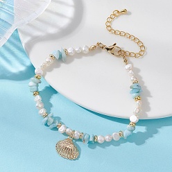 (52) Непрозрачная лаванда Латунь шарм браслеты, Браслеты из натурального культивированного пресноводного жемчуга и ларимара для женщин., с натуральными бусинами, формы раковины, разноцветные, 7.28 дюйм (18.5 см)