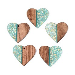 Средний Бирюзовый Подвески из непрозрачной смолы и орехового дерева, сердце прелести, с блестящей пудрой и золотой фольгой, средне бирюзовый, 37.5x39x3~3.5 мм, отверстие : 2 мм