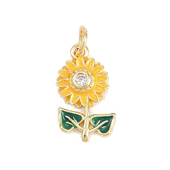 Желтый Подвески из латуни с микро-паве ко Дню святого Валентина, прозрачные циркониевые подвески, с эмалью, прелести подсолнуха, без кадмия и без свинца, реальный 18 k позолоченный, желтые, 17x9.5x3 мм, отверстие : 3.5 мм