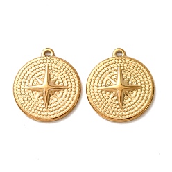 Real 18K Gold Plated 304 Stainless Steel Pendants, Flat Round with Star Charms, Ion Plating(IP), Real 18K Gold Plated, 19.5x17x2mm, Hole: 1.1mm