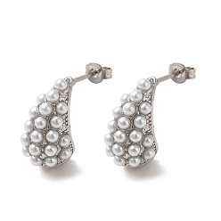 Платина Серьги-гвоздики в форме капли из латуни с реечным покрытием, с пластиковой жемчужины, без свинца и без кадмия, долговечный, платина, 18x11 мм