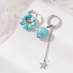 Бирюза Сердечко ко Дню святого Валентина 304 Серьги-кольца из нержавеющей стали, с синтетическими бирюзовый, цвет нержавеющей стали, слева и справа, 28.5x21 мм