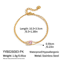 Pink 304 Браслеты из нержавеющей стали с плоскими круглыми кубическими циркониями 2 Браслеты-нити для женщин, золотые, розовые, 6.50 дюйм (16.5 см)