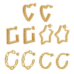 Real 18K Gold Plated 5 Pairs 5 Style Brass Half Hoop Earrings, C-shape & Star & Heart & Square Stud Earrings for Women, Real 18K Gold Plated, 21~31x21~31x4~6mm, Pin: 0.8mm, 1 pair/style