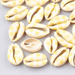 Gold Printed Cowrie Shell Beads, No Hole/Undrilled, Star Pattern, Gold, 20~26x13~18x5~7mm