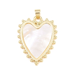 Настоящее золото 18K Натуральный белый оболочки подвески, подвески в форме сердца с латунной оправой, долговечный, стойки покрытие, без свинца и без кадмия, цвет морской раковины, реальный 18 k позолоченный, 32x25x2.5 мм, отверстие : 4.5x3.5 мм