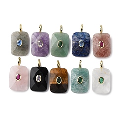 Смешанные камни Граненые подвески из натуральных смешанных камней, Прямоугольные подвески с латунными фианитами в оправе., стойки покрытие, золотые, 33~34x18x7.5~8 мм, отверстие : 4 мм