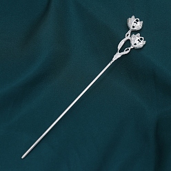 Silver Alloy Hair Stick Findings, Flower, Silver, 180mm