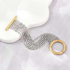 Golden & Stainless Steel Color Multi Strand 304 Stainless Steel Cable Chain Rings, Round Spring Ring OT Toggle Clasp Finger Rings for Women, Ion Plating(IP), Golden & Stainless Steel Color, 180mm, Inner Diameter: 17mm