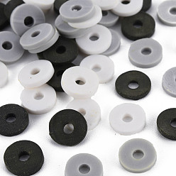 Silver 3 Colors Handmade Polymer Clay Beads, Heishi Beads, Disc/Flat Round, Silver & White & Black, 8x0.5~1.5mm, Hole: 2mm, about 11500pcs/1000g