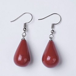 Red Jasper Natural Red Jasper Dangle Earrings, with Brass Findings, teardrop, Platinum, 42~44mm, Pendant: 13x24~25mm, Pin: 0.6mm