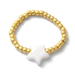 Star Natural Shell & TOHO Round Seed Braided Bead Style Finger Ring, Star, Inner Diameter: 16mm, Star: 8.5x8.6mm