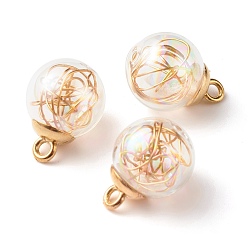 Light Gold Прозрачные подвески ручной работы из дутого стекла, с колпачком для бусин и медной проволокой, земной шар, золотой свет, 21.5x16x5.5 мм, отверстие : 2.5 мм