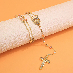Flat Round Vintage 304 Stainless Steel Round Rosary Bead Necklaces, Religion Cross Virgin Pendant Necklaces for Women, Golden & Rose Gold & Silver Color Plated, Flat Round, 25.98 inch(66cm)