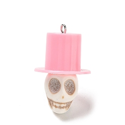Pink Halloween Opaque Resin Pendants, Skull with Hat Charms, with Platinum Iron Loop, Pink, 35x23x23mm, Hole: 2x3mm