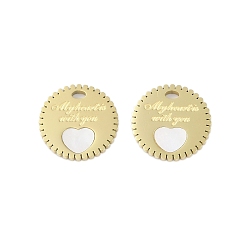 Настоящее золото 18K Натуральные раковины, ионное покрытие (IP) 304 плоская круглая форма из нержавеющей стали с подвесками в виде сердечек, ручная полировка, реальный 18 k позолоченный, 15x1.5 мм, отверстие : 1.5x2.5 мм