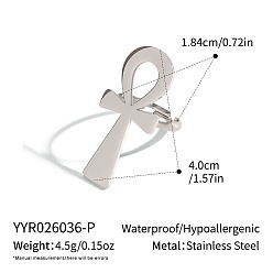 Stainless Steel Color 304 Stainless Steel Cuff Open Rings for Women, Ankh Cross, Stainless Steel Color, 40mm, Inner Diameter: 18.4mm