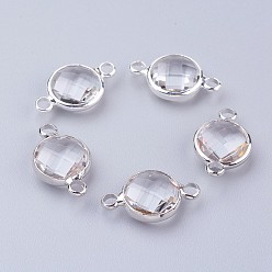 Clear Silver Color Plated Brass Glass Flat Round Links connectors, Faceted, Clear, 15x8.5x3.5mm, Hole: 1.5mm
