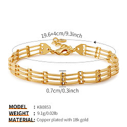 Tube Brass Link Chain Bracelets for Women, Real 18K Gold Plated, Tube, 7.72 inch(19.6cm)