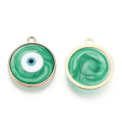 Зеленый Эпоксидная смола эмаль подвески, Злые чары глаз, с реечным покрытием из сплава светло-золотистого цвета с открытой задней панелью, без кадмия, без никеля и без свинца, зелёные, 21.5x18.5x2.5~3 мм, отверстие : 1.8 мм