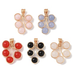 Light Gold Natural Black Onyx(Dyed and Heated)/White Jade/Malaysia Jade/Rose Quartz/Quartz Crystal Copper Wire Wrapped Round Beaded Pendants, Leaf Charms, Mixed Dyed and Undyed, Light Gold, 33~36.5x24~26.5x8.5mm, Hole: 3.5~4.5mm