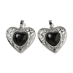 Obsidian Natural Obsidian Peach Love Heart Pendants, Rack Plating Brass Hollow Heart Charms, Cadmium Free & Lead Free, 29.5x30.5x7.5mm, Hole: 7.5x5mm