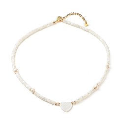 White Beaded Necklace, with Pearl Beads, Brass Beads & 304 Stainless Steel Findings, Heart, White, 40.5x0.4cm
