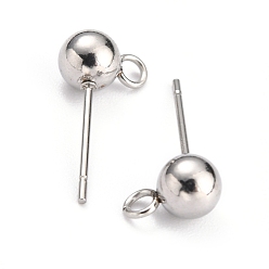 Stainless Steel Color 304 Stainless Steel Ball Post Stud Earring Findings, with Loop and 316 Surgical Stainless Steel Pin, Stainless Steel Color, 16x8x5mm, Hole: 1.8mm, Pin: 0.8mm
