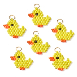 Желтый Стеклянные подвески из бисера, очарование утки, с открытыми пружинными кольцами из нержавеющей стали 304, реальный 18 k позолоченный, желтые, 14x15x2 мм, отверстие : 3 мм