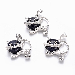 Синий Драгоценный Камень Кулоны для котят из синего голдстоуна, с латунной фурнитурой платинового цвета, мультфильм кошка, 28x30x9 мм, отверстие : 5x7 мм