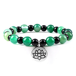 Полосатый Агат Браслеты с подвесками из круглых бусин из натурального окрашенного зеленого полосатого агата, плоские круглые браслеты с подвесками в виде лотоса для мужчин и женщин, с черным агатом