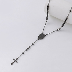 Black Vintage Resin Cube Rosary Bead Necklaces, 304 Stainless Steel Religion Cross Virgin Pendant Necklaces for Women, Black, 20.87 inch(53cm)