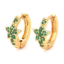 Зеленый Латунные микро проложить серьги обруча кубического циркония, реальный 18 k позолоченный, звезда, зелёные, 14x15x8 мм, штифты : 1 мм