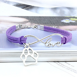 Темная Орхидея Браслеты с подвесками в виде бесконечности, отпечатка лапы и слова «любовь» из сплава с замшевым шнуром, платина, темные орхидеи, 6-3/4 дюйм (17 см)