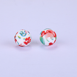 Random Color Printed Round with Flower Pattern Silicone Focal Beads, Random Color, 15x15mm, Hole: 2mm