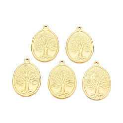 Настоящее золото 18K Ионное покрытие (ip) 201 подвески из нержавеющей стали, овал с дерева жизни, без никеля , реальный 18 k позолоченный, 30x20.5x1.5 мм, отверстие : 1.8 мм