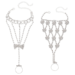 Серебро 2шт 2 стиль хрустальный браслет с теннисным кольцом и стразами, латунный браслет-цепочка с регулируемым кольцом на палец, ручная цепочка для женщин, серебряные, 6-1/4 дюйм (16 см), размер США 6 3/4 (17.1 мм), 1 шт / стиль