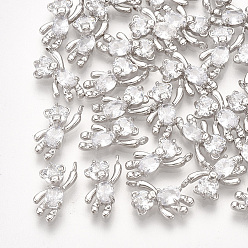 Платинированный Латунь прелести циркония кубической, медведь, прозрачные, Реальная платина, 12x6x3 мм, отверстие : 1 мм