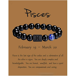 Рыбы 12 созвездие натуральные круглые бусины лазурита эластичные браслеты, с круглыми бусинами из черного агата, Рыбы, 3/8x2-3/8 дюйм (1x6 см)