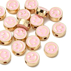 Pink 20 Шарики из сплава эмали шт., золотые, плоские круглые с улыбающееся лицо, розовые, 8x4 мм, отверстие : 1.6 мм