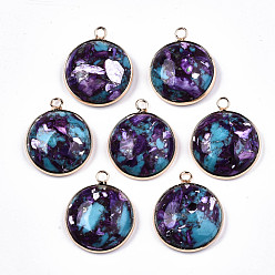 Сине-фиолетовый Плоские круглые собранные подвески из синтетической бирюзы и натурального регалита / императорской яшмы, с железной петлей и латунным краем, золотой свет, окрашенные, синий фиолетовый, 25~26x21~22x7~8 мм, отверстие : 2 мм