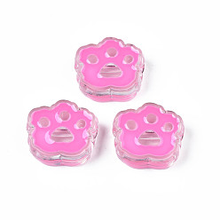 Hot Pink Transparent Acrylic Beads, with Enamel, Cat Paw Print, Hot Pink, 22x25x8.5mm, Hole: 3mm