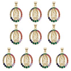 Colorful 10Pcs Rack Plating Brass Micro Pave Cubic Zirconia Pendants, Real 18K Gold Plated, Long-Lasting Plated, Oval with Virgin Mary, Colorful, 23.5x16.5x3mm, Hole: 3.5x3mm