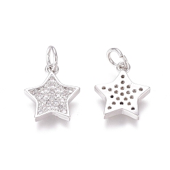 Платина Латунные микропаве прозрачные кубические циркониевые подвески, с прыжковых колец, звезда, платина, 12x10x2 мм, Перейти кольцо: 5x0.7 мм, внутренний диаметр: 3.6 мм
